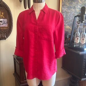 Chico’s Sz 1 Red 100% Linen Women's 3/4 Sleeve Button Down GUC